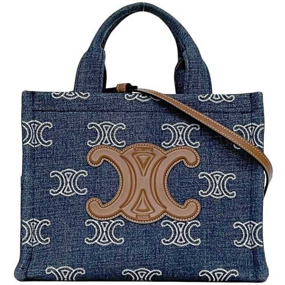 Celine Bag Cabataise Blue Brown Triomphe Denim Canvas Leather Logo Crossbody - Picture 1 of 10